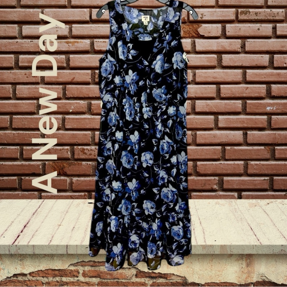 NWT~A New Day~Floral Sleeveless Blue & Black rose print chiffon dress Size:M NEW